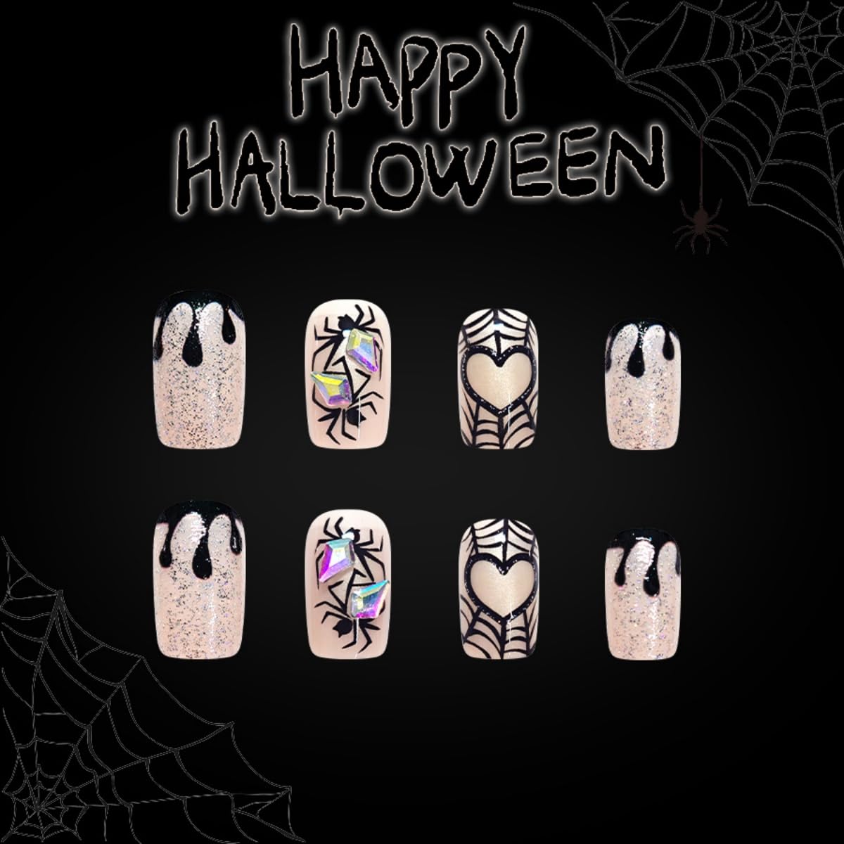 24Pcs Halloween Press on Nails Medium Square Fake Nails Spider and Spider Web Heart Design Stick on Nails Bling Diamond False Nails Full Cover Handmade Acrylic Glue on Nail for Women Manicure