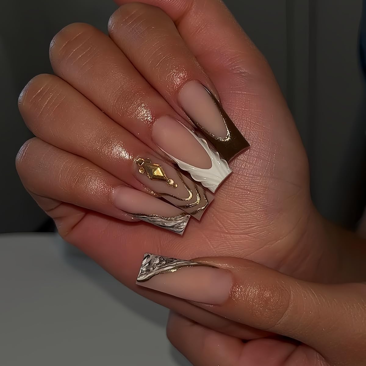 Long Square Press on Nails French Tip Fake Nails Brown Fall False Nails Press ons Gold Line Acrylic Nails Matte Finish Stick on Nails for Women Manicure 24Pcs