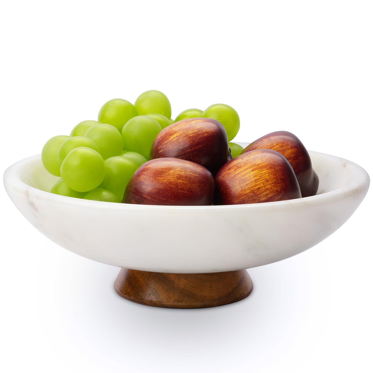 SAMAH White Marble Fruit Bowl with Acacia Wood Pedestal, Large Decorative Footed Bowl, Natural Stone Centerpiece for Kitchen Counter, Entryway, Keys, Dining Table, House Warming Gifts New Home(11Inch)