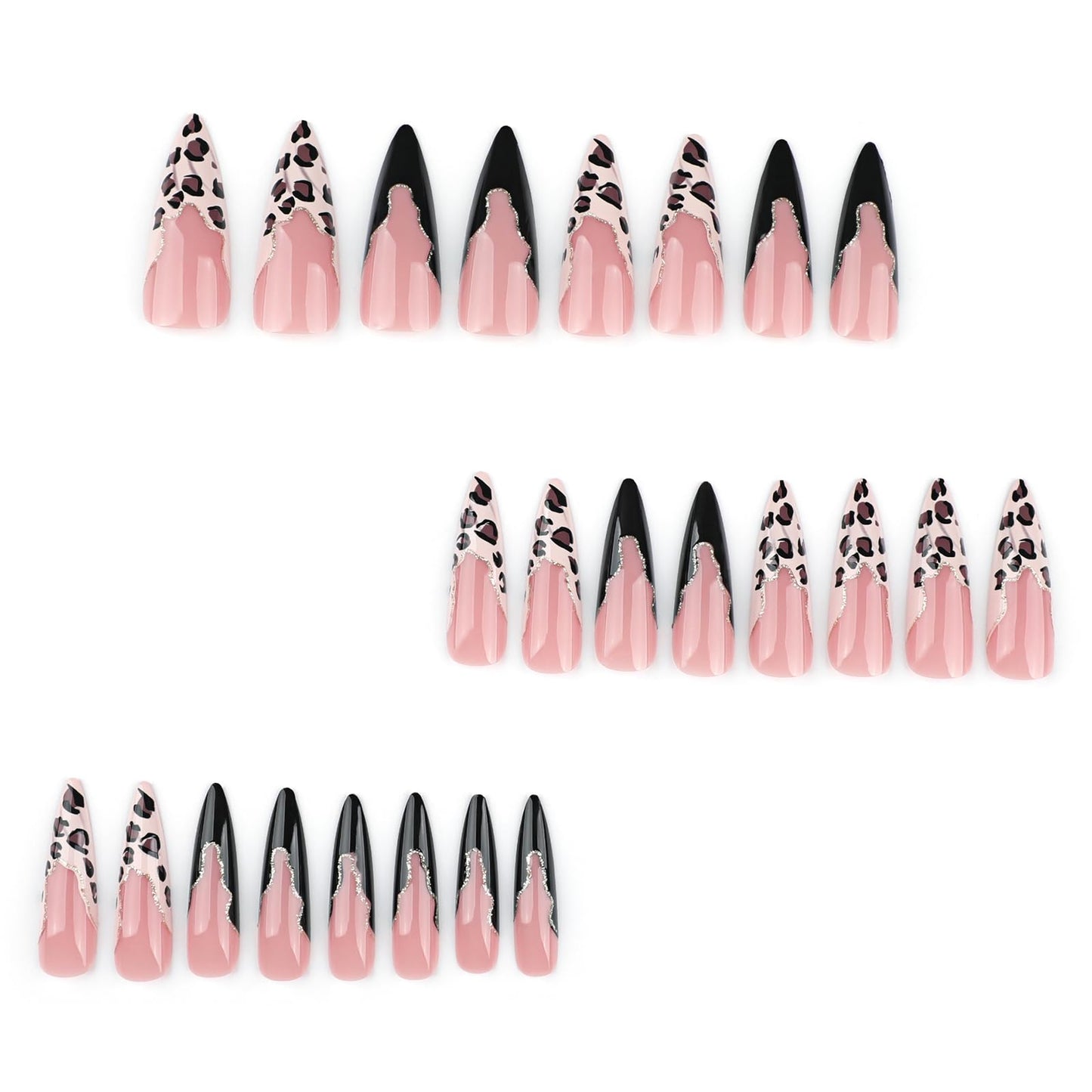 MISUD Press on Nails - Long Stiletto Glue on Nails with Black French Tip, Acrylic Cheetah Leopard Design 24 pcs