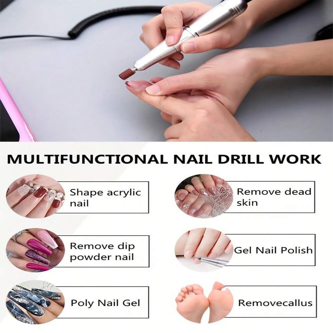 Professional 45000RPM Electric Portable Nail Drill Machine Rechargeable Low Noise Nail Sander File for Manicure Salon Tool (Pink)