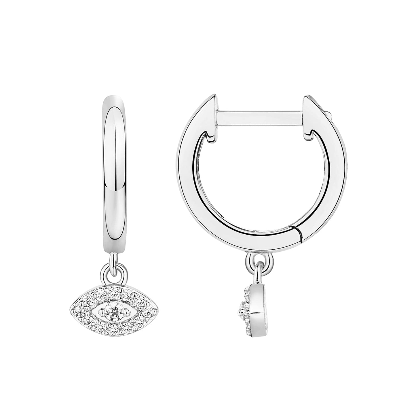 PAVOI Rhodium Plated 925 Sterling Silver Post Good Luck Dangle Huggie Hoop Earrings For Women - Trendy Evil Eye Drop Hoop Earrings - Cubic Zirconia Small Hinged Huggies