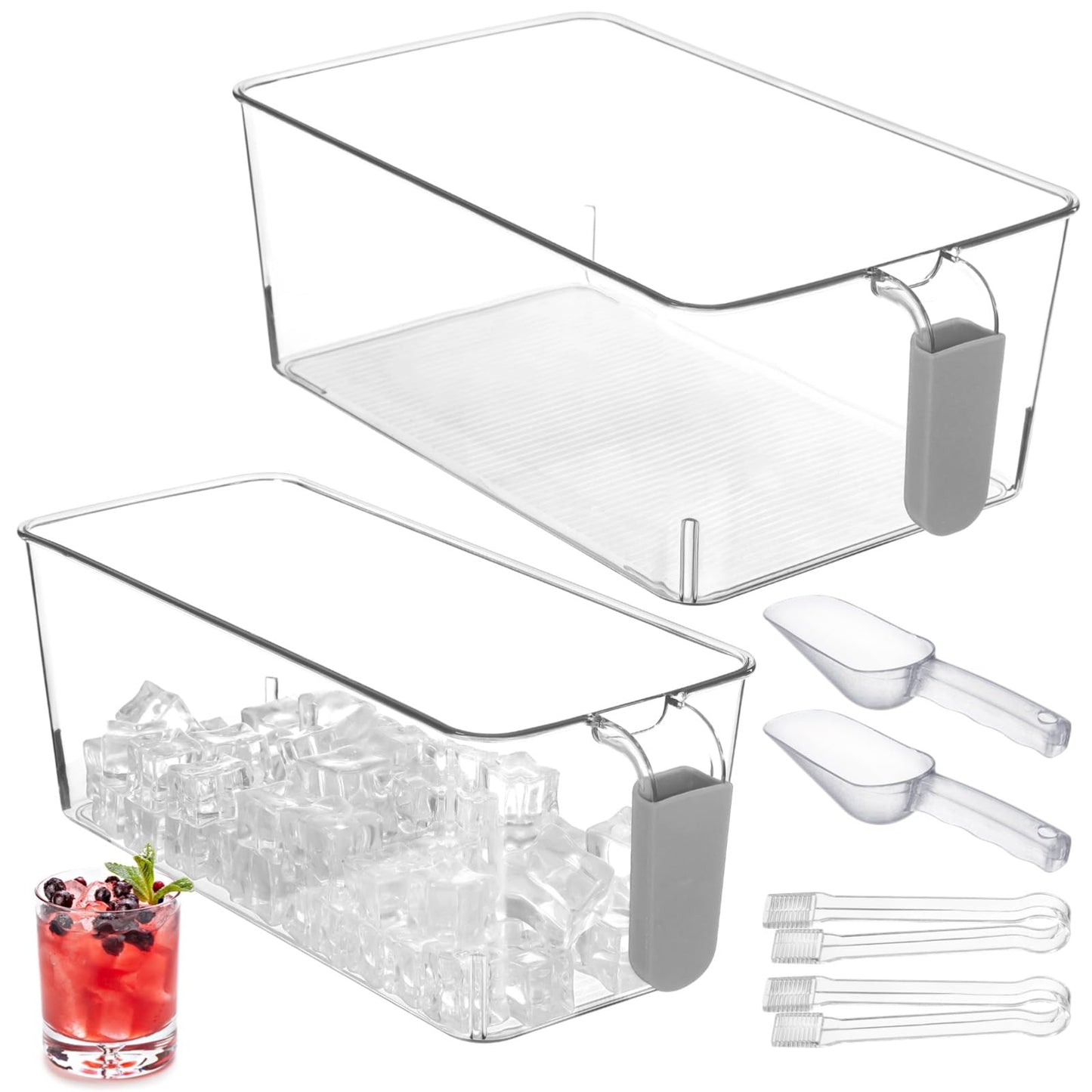 2 PCS Ice Bin with Scoop and Tong, Ice Bucket with Pull-out Handle for Freezer, 2 Sizes Clear Plastic Ice Container for DIY Drink Summer Party, 12.2 x 6.9 x 4.3 in, 12.2 x 4.9 x 4.3 in, Gray Handle