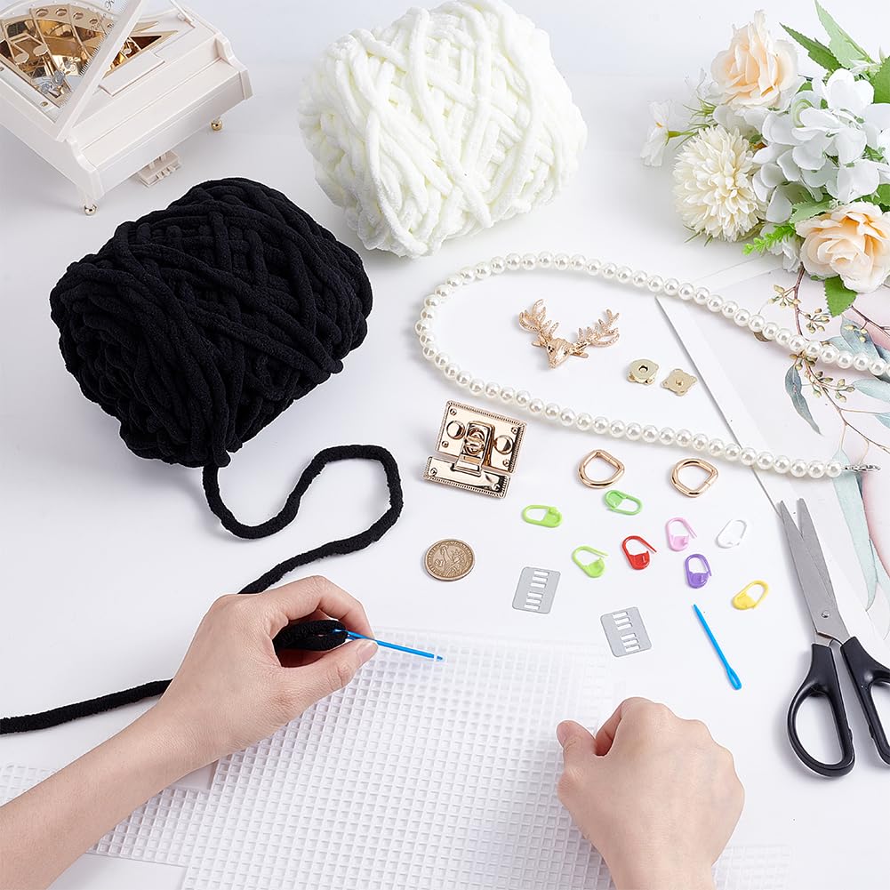 FREEBLOSS 2 Set DIY Plastic Canvas Mesh Bag Kit Blank Mesh Canvas Sheets for Embroidery Needlepoint Craft Kit Knit and Crochet Projects Handbag Making Accessories, Black and White