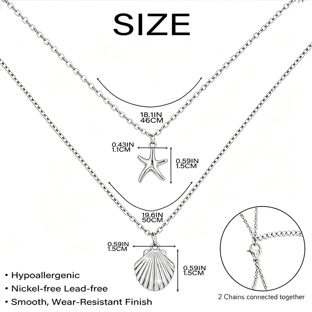 Tgirls Boho Starfish Layered Necklace Shell Pendant Necklace Silver Necklaces Chain for Women (Silver)