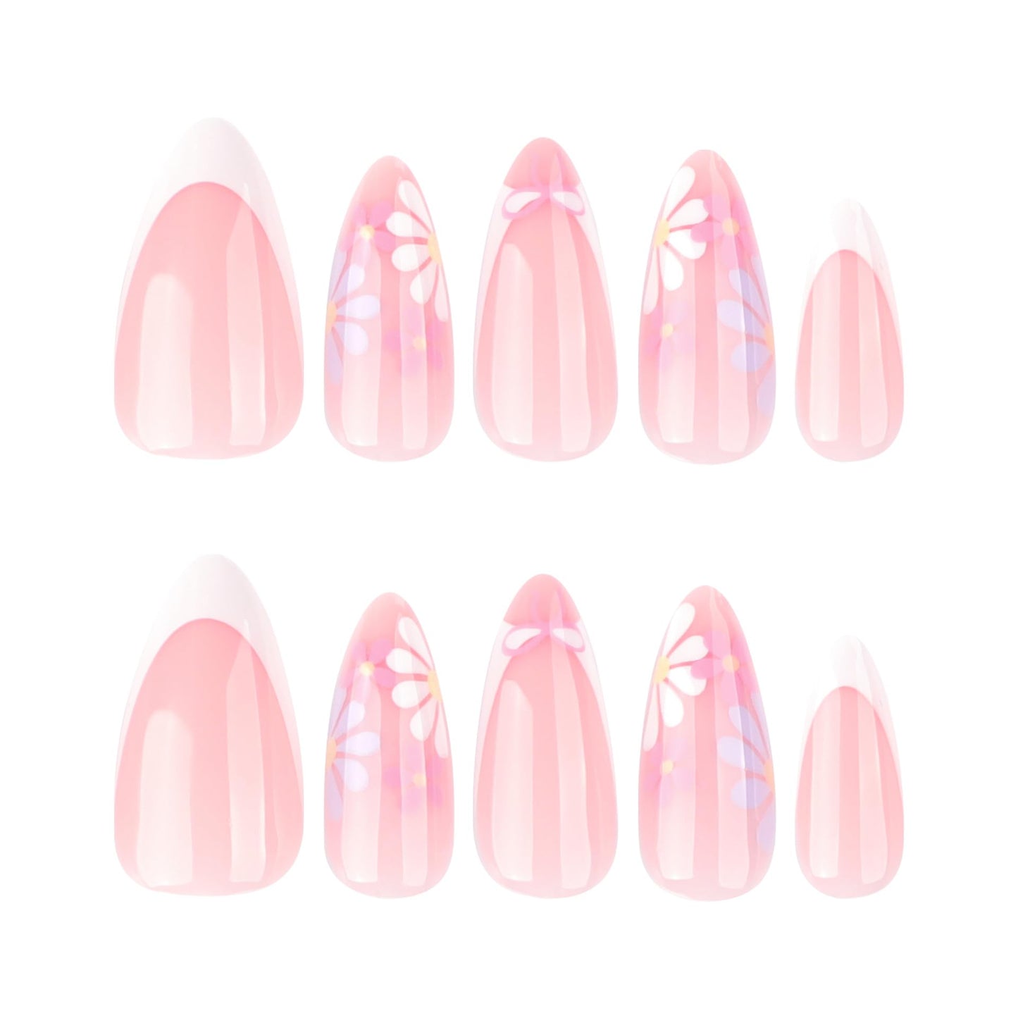 SEENEEY Almond Press On Nails Medium French Tip False Nails White Artificial Nails Floral Stick On Nails 24pcs