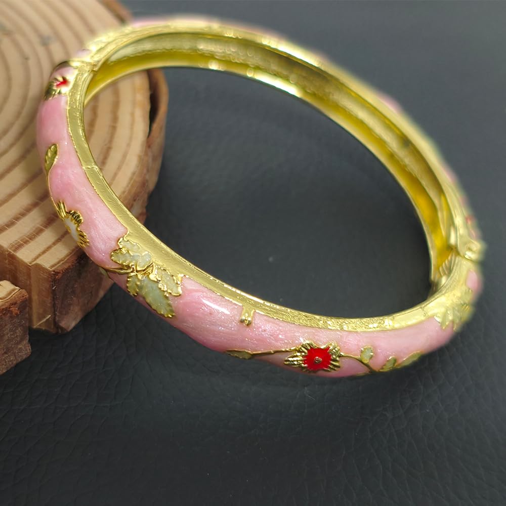 BlingNook Cloisonne Bracelet For Women, Chunky Bangle Trendy Cute Flower Enamel Bangles Multi Tone Engraved Cuff Gold Plated Bracelets Stackable Wife Jewelry Friendship Gift (Red, One Size)