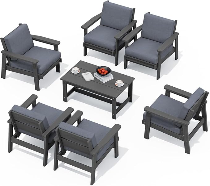 SERWALL HDPE Outdoor Furniture Set, 7 Piece All Weather Wood-Like Outdoor Sofa Sectional Couch, Grey Patio Furniture Set with Grey Cushions