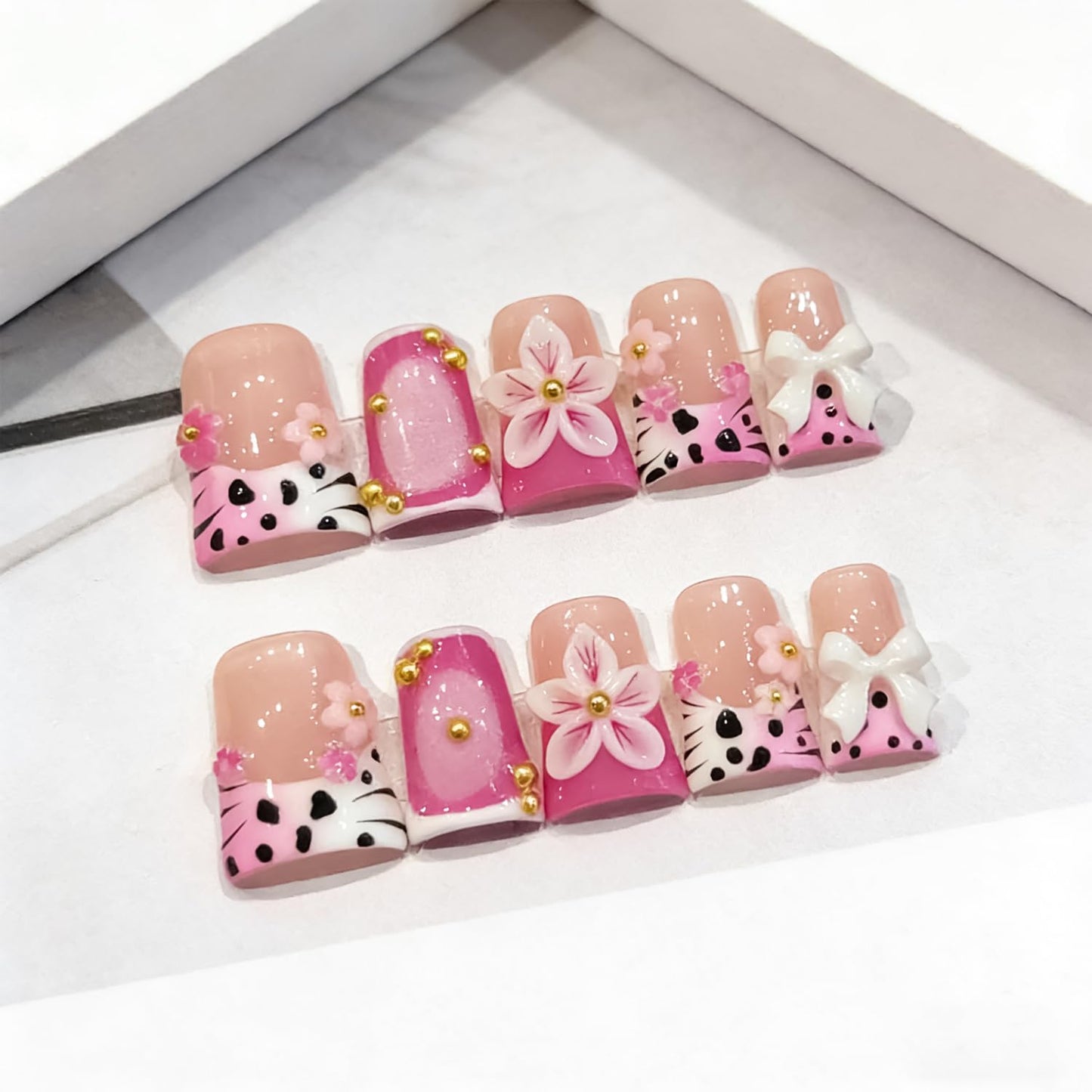 10 Pieces Luxury Acrylic Press On Nails Medium Handmade Duck Nails, Colorful Thickened French False Nails Leopard Print Flowers Design Reusable Acrylic Nails for Women (S)
