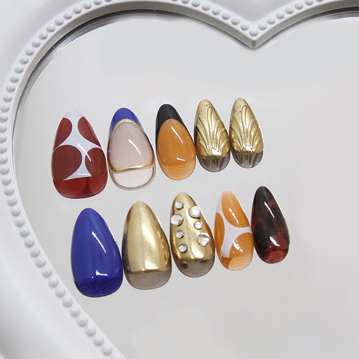 24 Pcs 3D Almond Press on Nails Medium Fake Nails with Glue Artificial Acrylic Nails French Tip False Nails with Glitter Rhinestone Design Handmade Nails Press ons Reusable Stick on Nails for Women