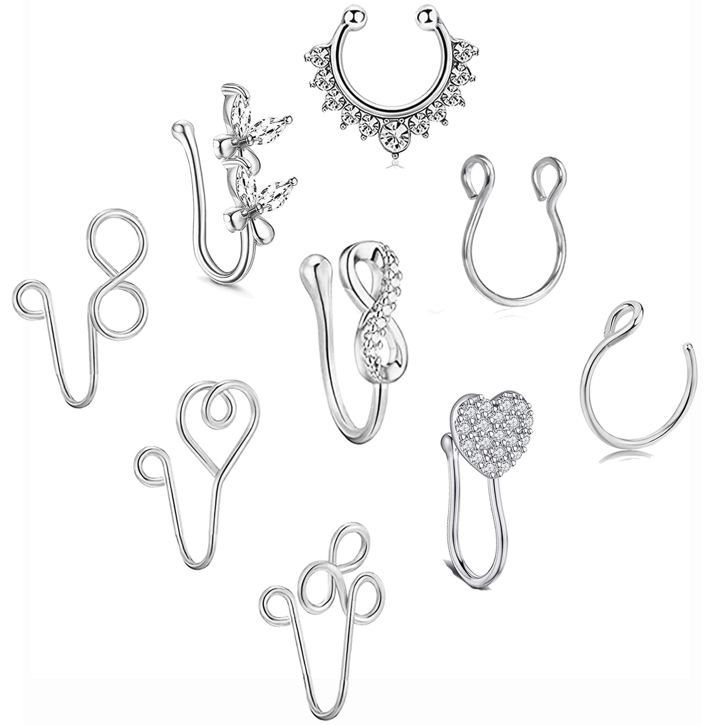 VitaCool Fake Nose Rings Nose Cuffs for Non Pierced Fake Septum Nose Ring Spring Clip on Non Pierced Septum Ring for Women Men (T0-9pcs-Silver)