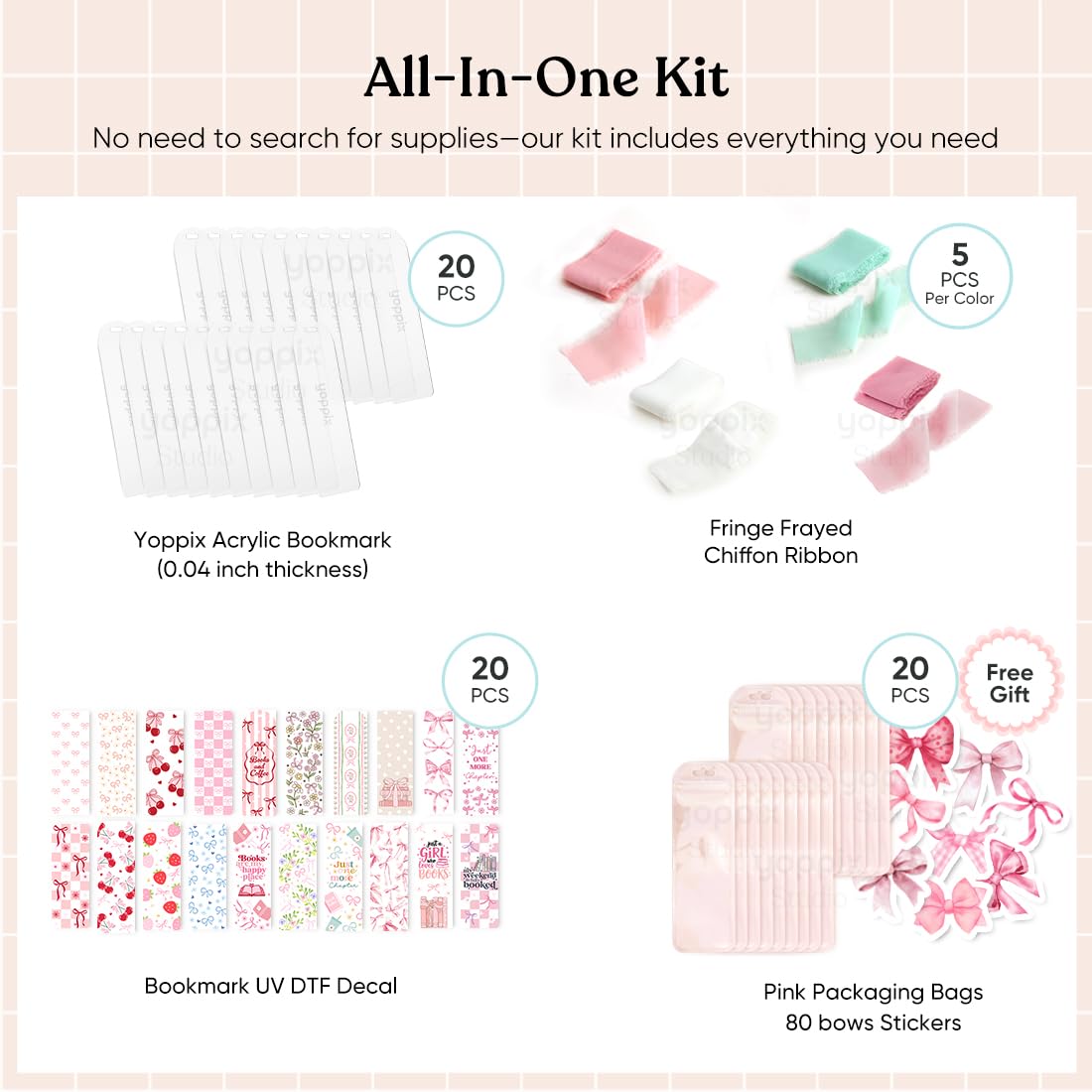 YOPPIX 6x2” Acrylic Bookmark Blanks- 20 Set Bookmark Making Kit with 20 UV DTF Stickers About Bow Theme 20 Ribbon 80 Bookish Stickers for DIY Your Crafts Gift for Book Lover