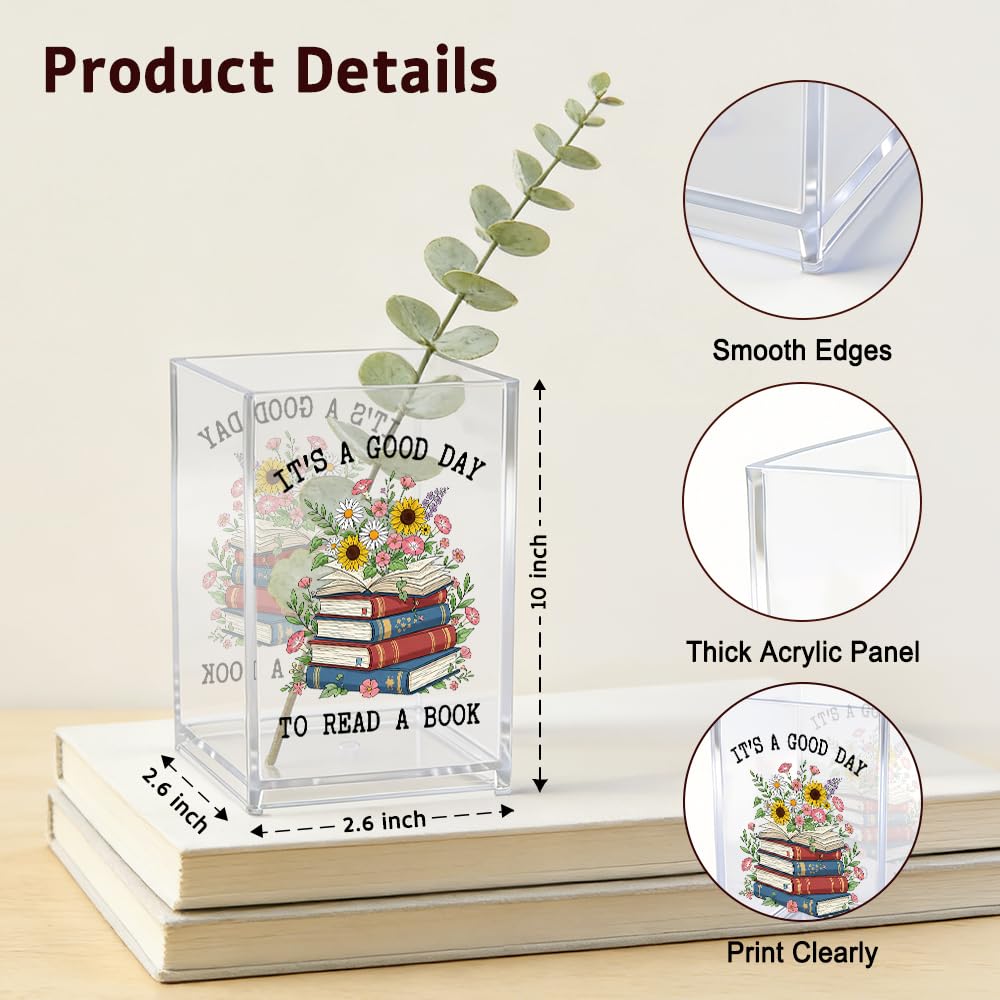 Xipromi It's A Good Day To Read A Book Acrylic Cosmetic Pencil Pen Holder, Funny Book Pencil Holder for Bookworm, Bookish Gifts for Reading Lover Librarian Teacher Reader, Reading Nook Accessories