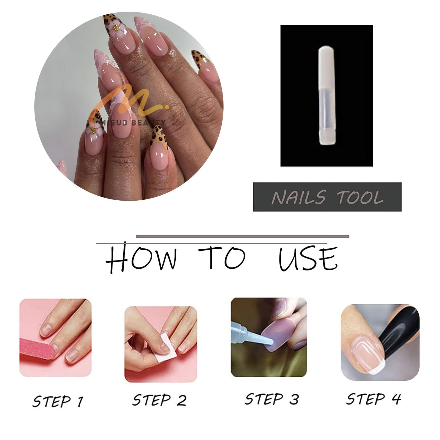 MISUD Press on Nails - Medium Almond Glue on Nails with Cheetah French Tip, Acrylic Pink Flower Design 24 pcs