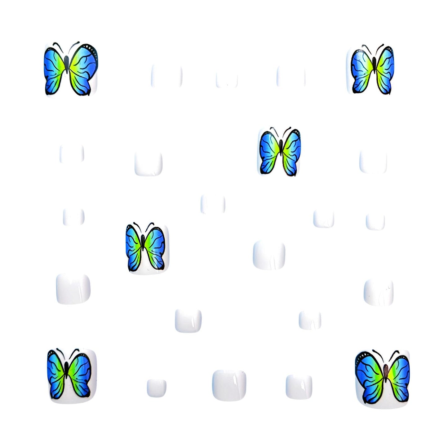 Spring Press on Toenails White Fake Toe nails with Blue Butterfly Design Glossy Short Square Toe nails Press ons Acrylic Stick on Toenails for Women 24Pcs