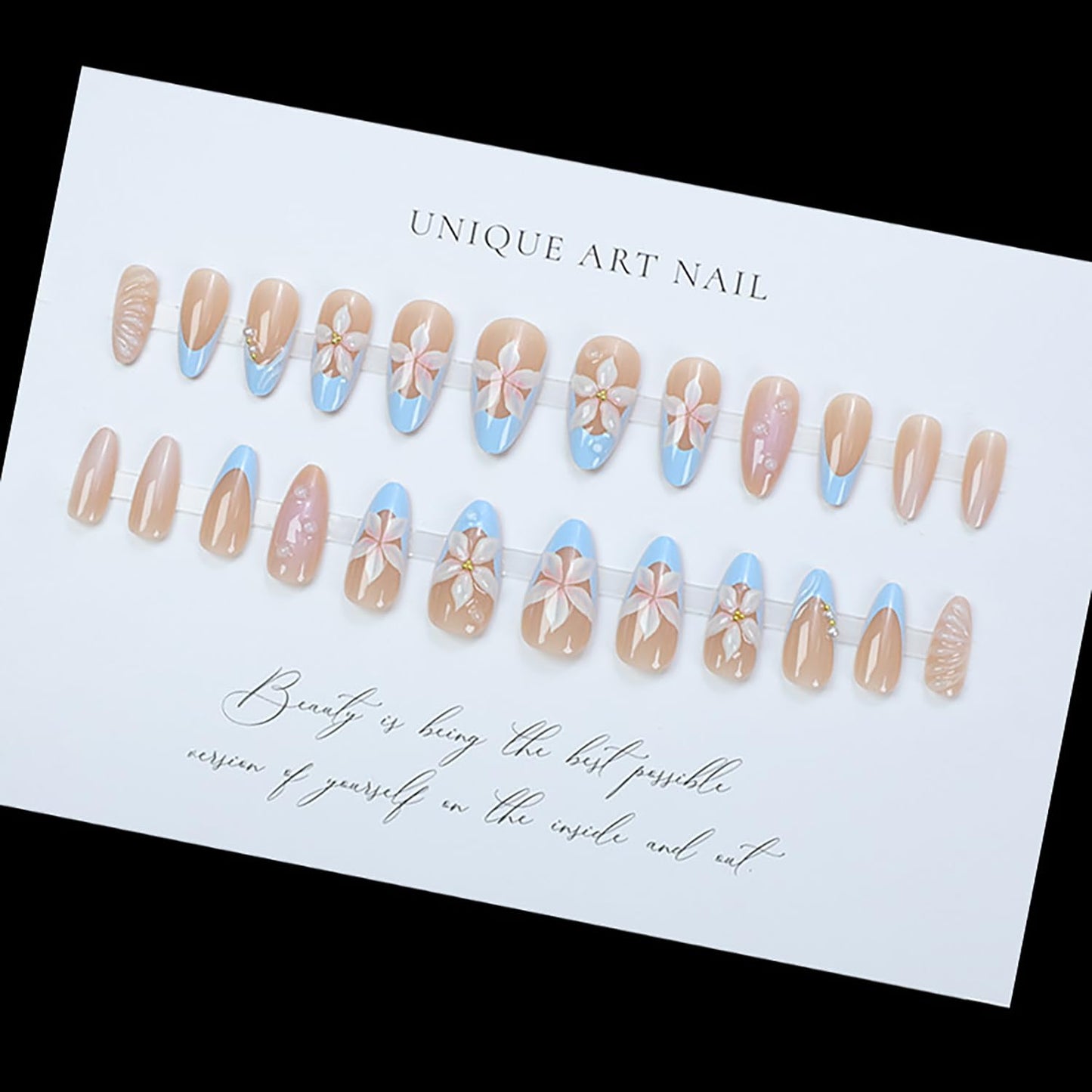 French Tip Press On Nails Almond Medium Fake Nails Press Ons Glossy With Flower Pearl Design Drip False Nails Full Cover Stick On Nails Artificial Glue On Nails For Women Nail Supplies