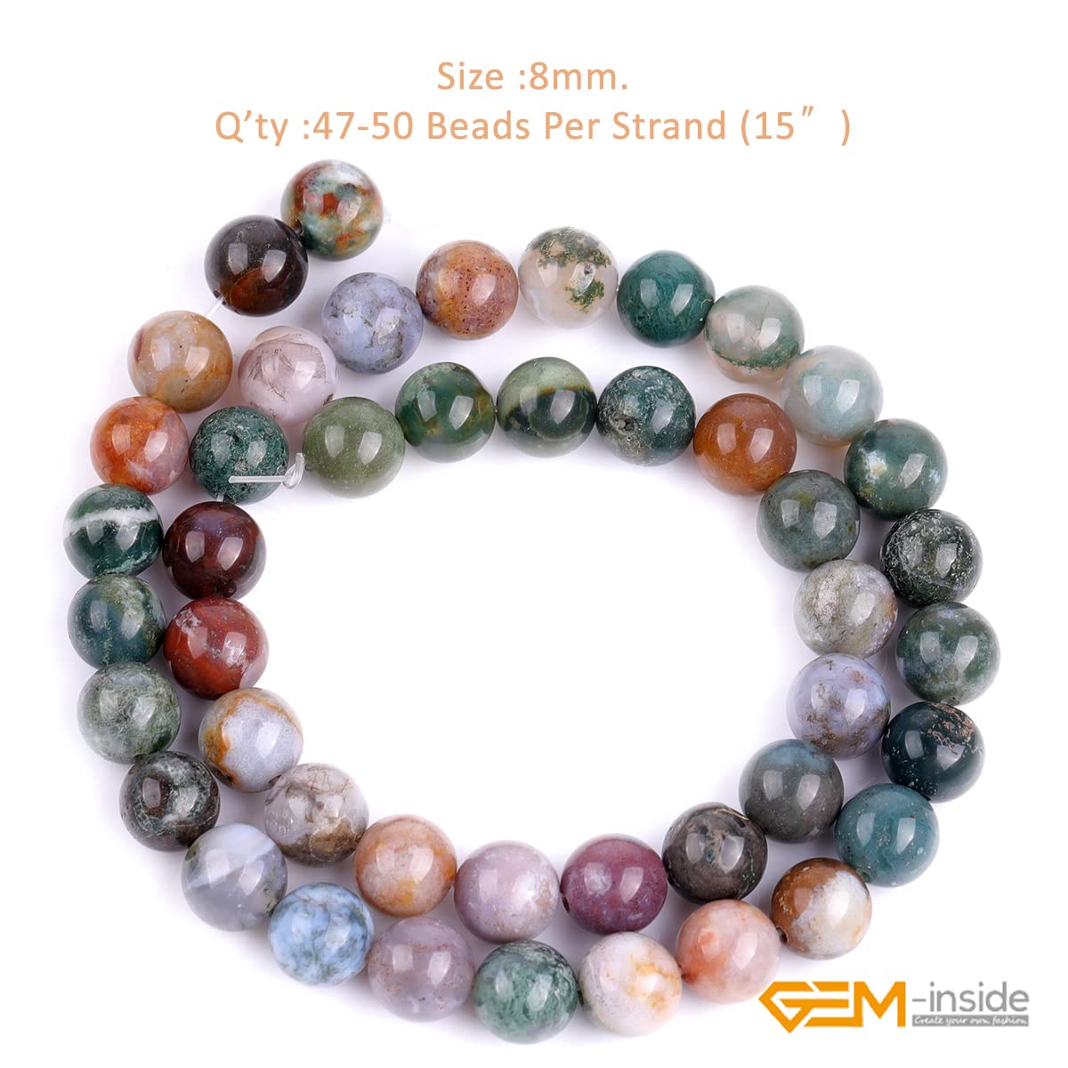 GEM-Inside Indian Agate Gemstone Loose Beads 8mm Round Crystal Energy Stone Power for Jewelry Making 15"