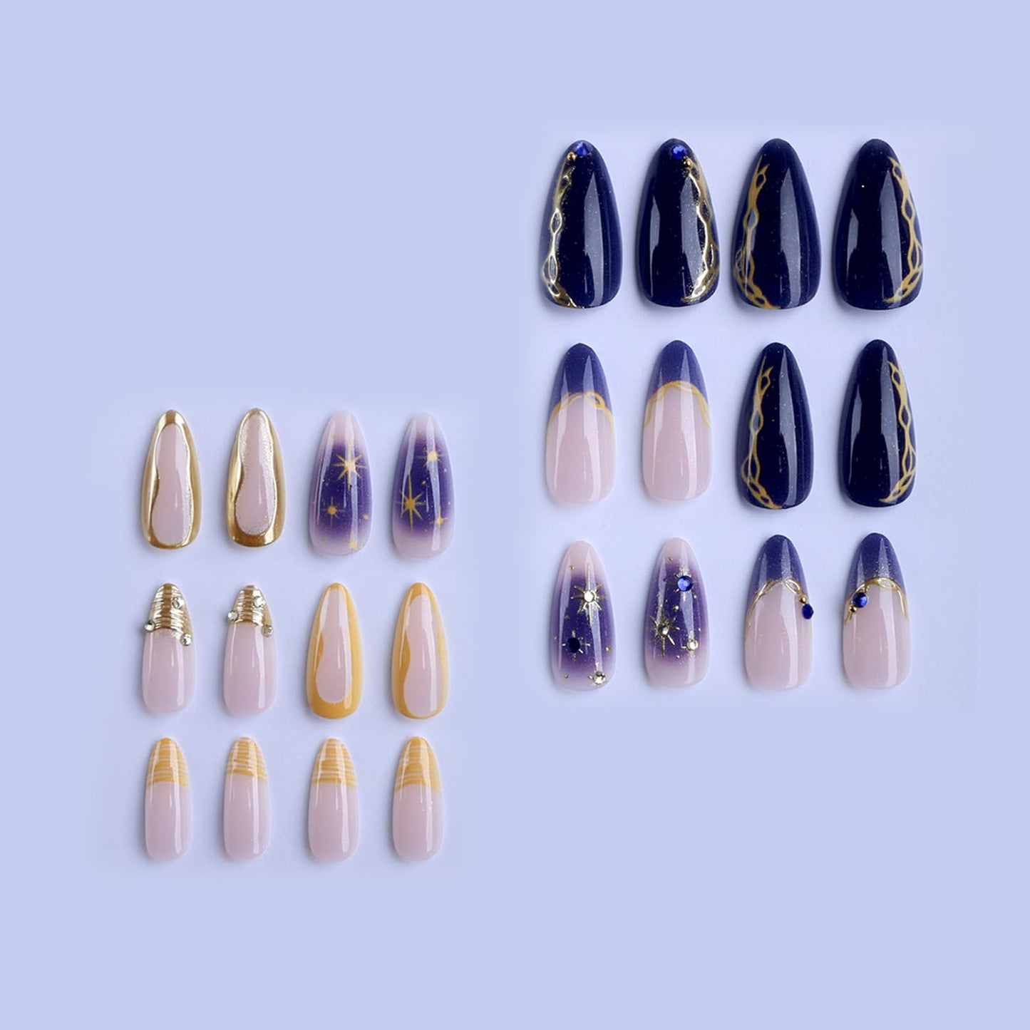 IMRAIN Press on Nails Medium Almond Fake Nails Blue Ombre Acrylic False Nails Golden Edge French Tip Full Cover Glue on Nails for Women