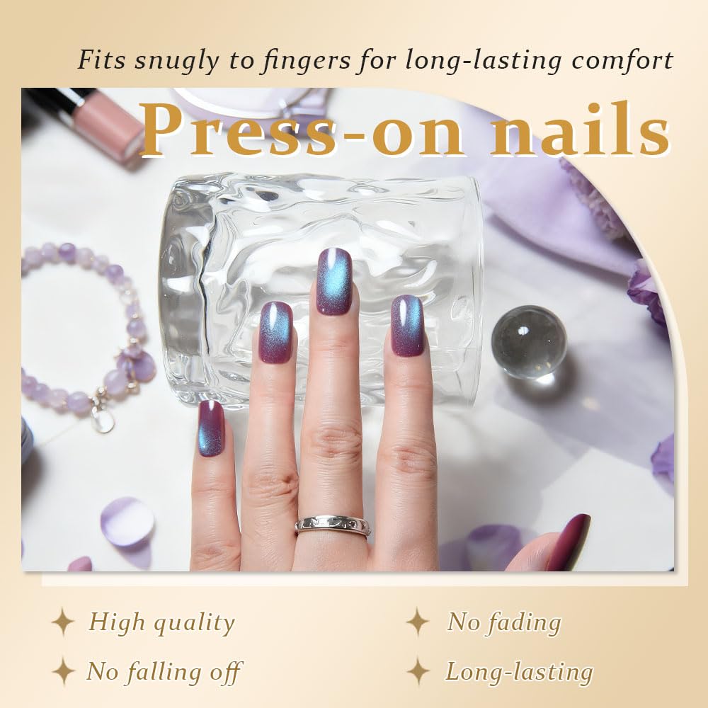 evpct Mauve Blue Reflective Metallic Cat Eye Press on Nails Medium Square No Glue, Stick on Nails Medium Square for Women, Mauve Metallic Nail press ons, Iridescent Glitter Acrylic Fake Press on Nail