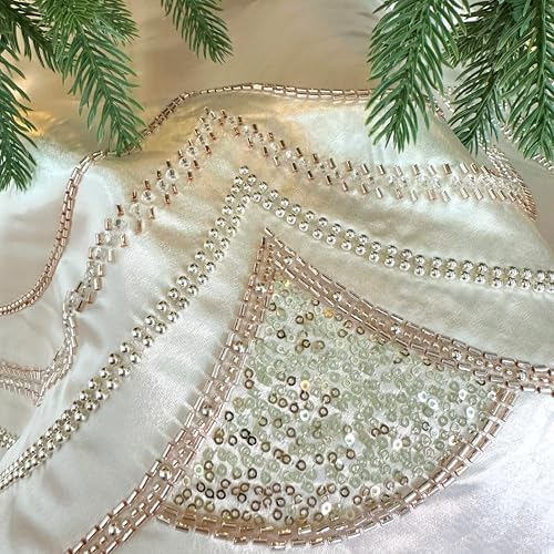 72-Inch Beaded Scalloped Christmas Tree Skirt in Foam-Lined Satin, Button-Loop Closures, Pearl White