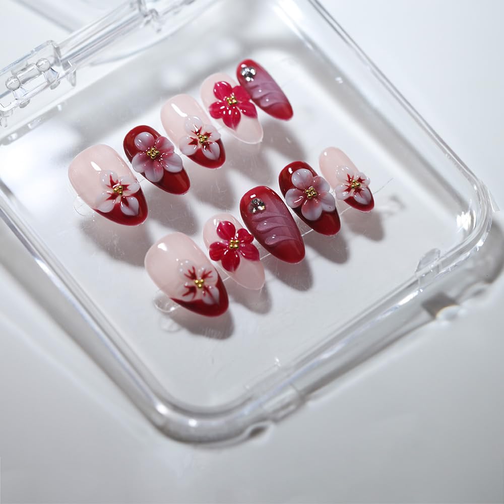 10 short Almond Handmade Press On Nails | 3D Floral Red & Nude Romantic Cherry Blossom Design with Rhinestones,New styles | Skip Salon Trips, Easy to Apply & Remove, Reusable (251108, S)