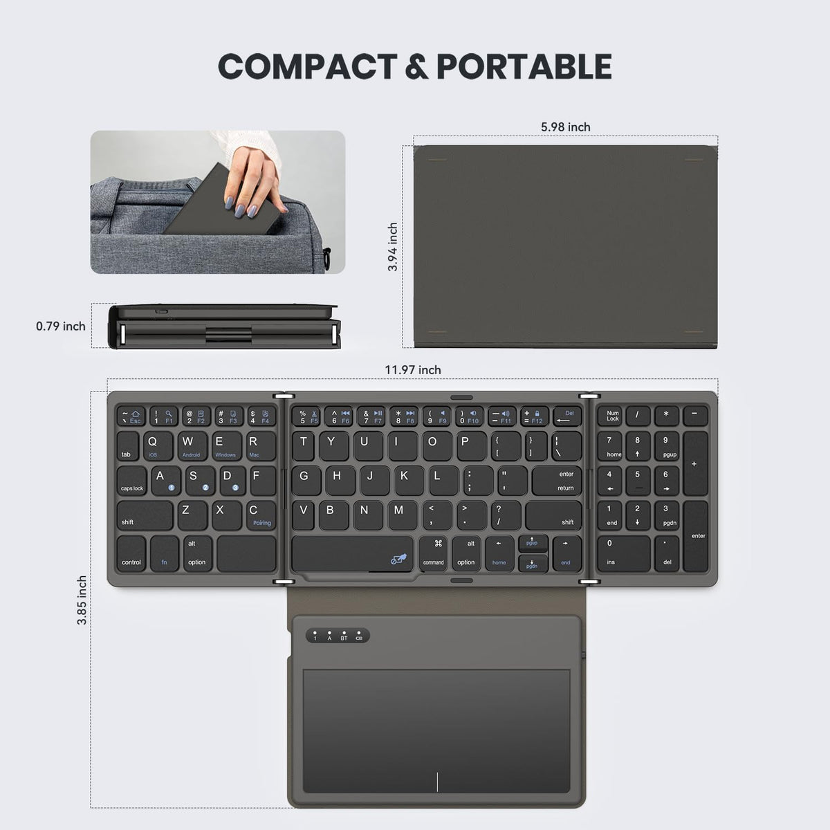 Foldable Bluetooth Keyboard with Large Touchpad, Numeric Keypad, PU Leather, Wireless Travel Keyboard for Windows, iOS, Android, Mac (Grey)