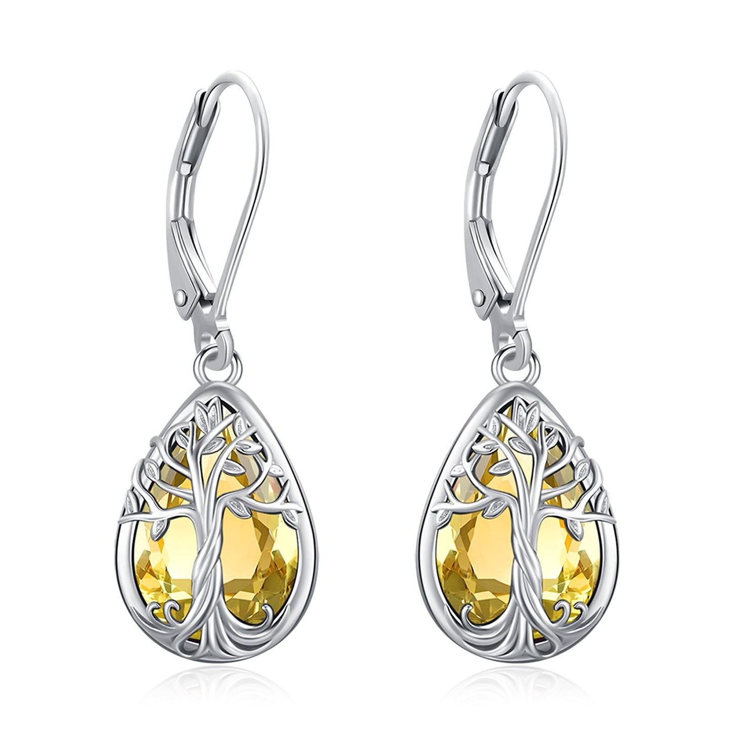 Eusense Tree of Life Dangle Citrine Earrings 925 Sterling Silver Teardrop Birthstone Earrings for Women Leverback Closure Tree of Life Jewelry Gift