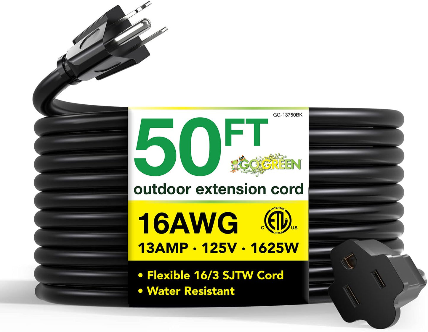 Power By GoGreen Go Green Power Inc. 16/3 50ft Black Outdoor Extension Cord - Durable, Heavy Duty, Moisture Resistant - Ideal for Tools & Equipment - GG-13750BK