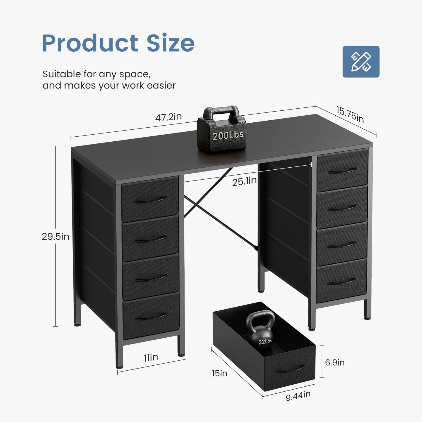 DUMOS 47 Inch Computer Desk with 8 Fabric Drawers, Office Gaming Desk with Storage, Writing Study Table with X-Shaped Reinforced Structure, Black
