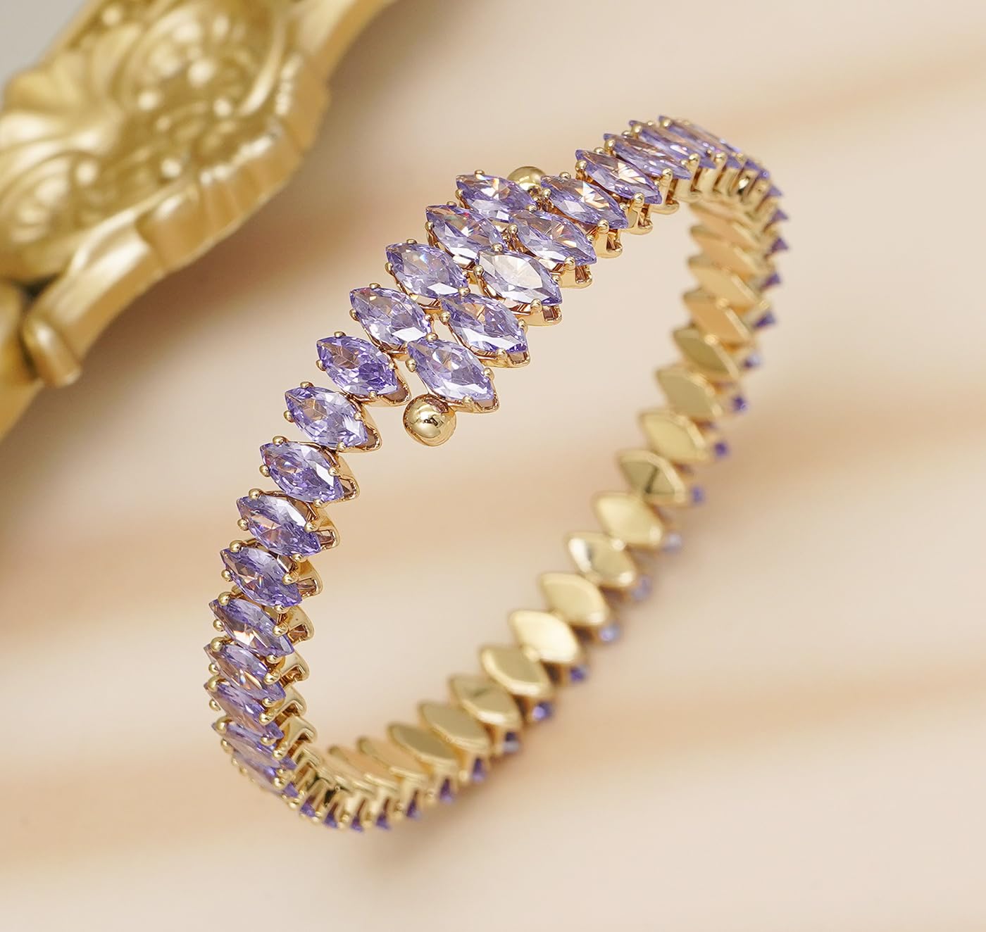 Wovanoo Rhinestone Cuff Bracelet Cubic Zirconia Tennis Bracelets Open Adjustable Elastic Bangle for Women Gold Purple