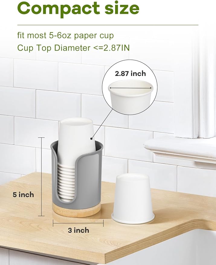 Bathroom Cup Dispenser Countertop - Cup Holder for Dixie 5 6 oz Cups, Guest Bathroom Essentials Vanity Organizer - PC/Bamboo, Grey, Pack of 1