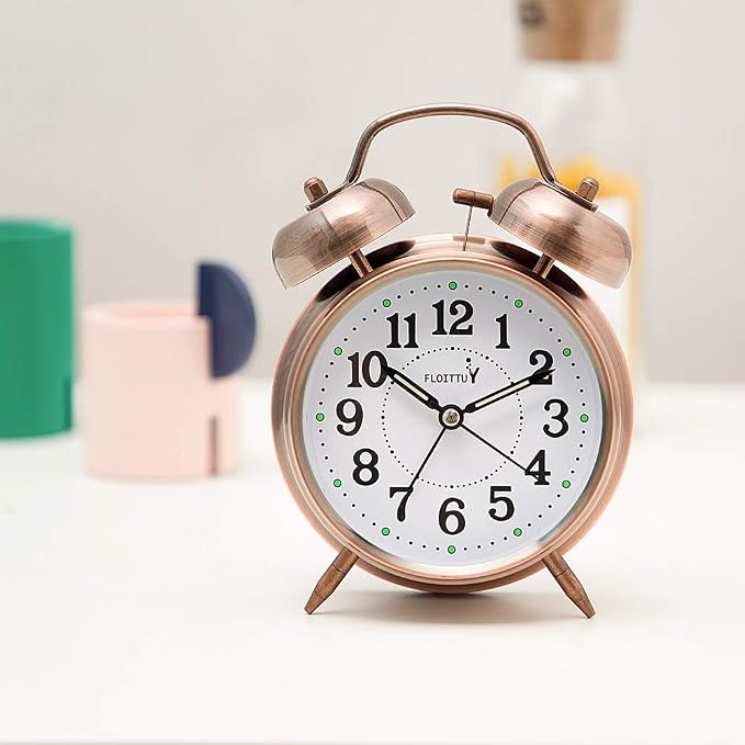 FLOITTUY {Loud Alarm for Deep Sleepers) 4'' Twin Bell Alarm Clock with Backlight for Bedroom and Home Decoration(Red-Brown)