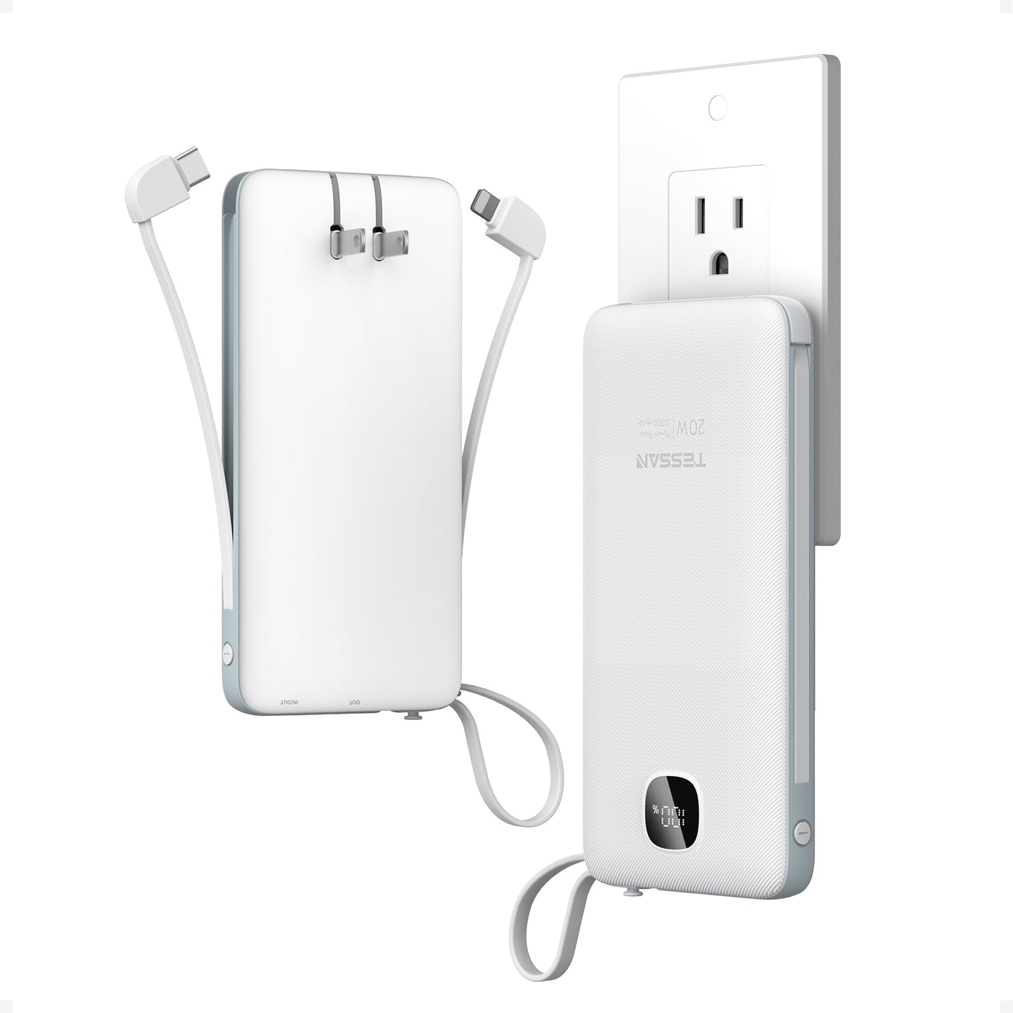 Portable Charger with Built in Cables,TESSAN 10000mAh Power Bank Fast Charging with Foldable Wall Plug Charger, PD20W Compact Battery Pack Travel Essentials for iPhone 17/16/15 Series,Samsung,Tablets