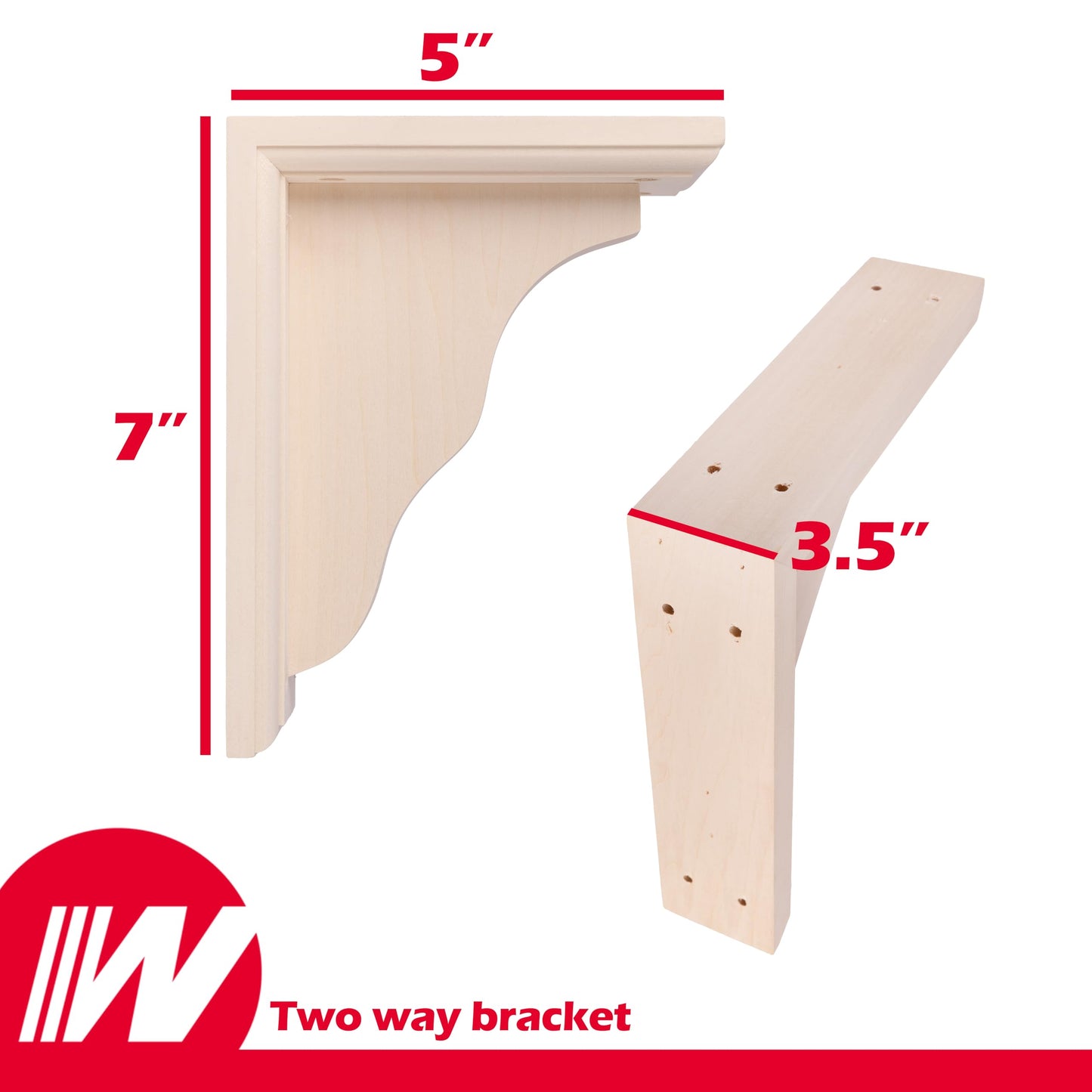 WADDELL Two-Way Corner Bracket (1 Count, 9" x 7" x 3.5") | Unfinished Hardwood Corbel for DIY Home Decor | Shelf Bracket w/ Pre-Drilled Countersunk Holes & Mounting Hardware | 5 Lb. Capacity Each