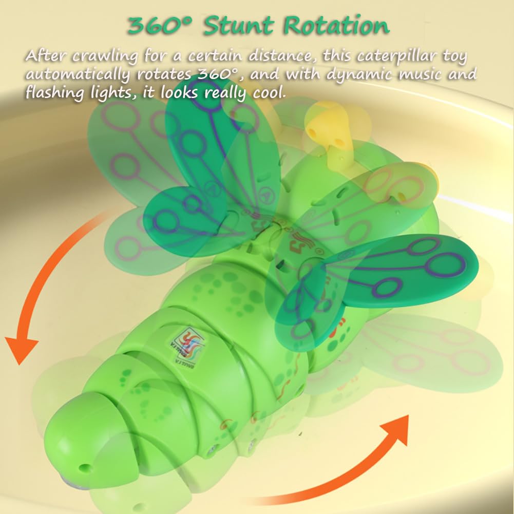 Miracland Stunt Spinning Caterpillar Toy - Electric 360 Rotating Musical Creeping Crawling Toy with Lights