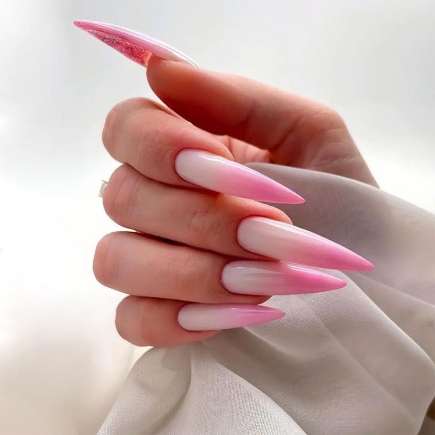 SINHOT Stiletto Press on Nails Long Fake Nails Glossy Glue on Nails Pink White Ombre Acrylic Nail Almond Artificial Nail Stick on False Nail with Design 24 pcs