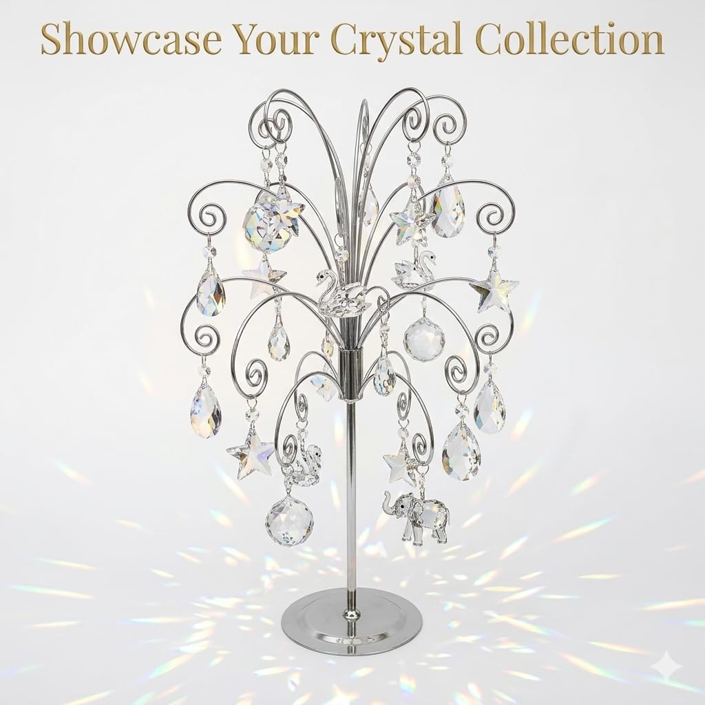 HOHIYA 20” Ornament Display Stand Chrome Silver Metal Hanging Tree Holder for Swarovski Crystal Glass Ornaments Tabletop Christmas Halloween Easter Decoration Display Rack