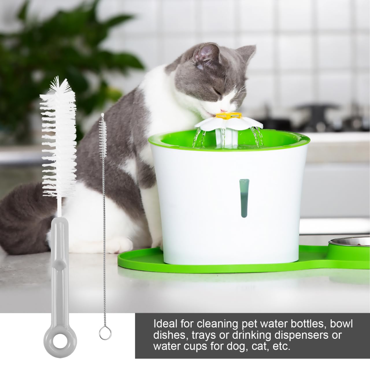 ERINGOGO 1Set Pet Feeder Water Fountain Cleaning Set Tools with Long Handle Brushes for Efficient Daily Care for Dog Cat Owners Gray