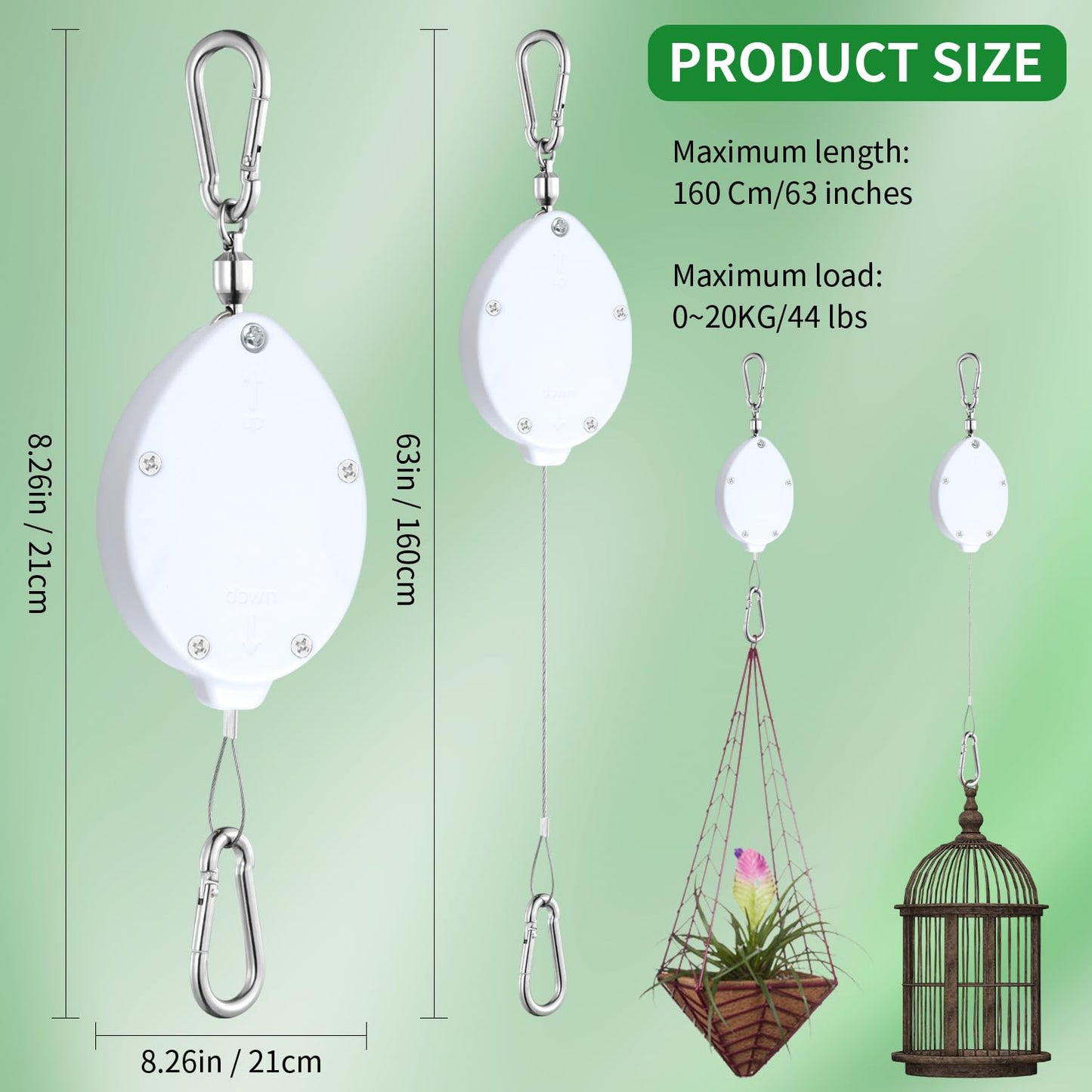 Heavy Duty Retractable Plant Hangers, Adjustable Pull-Down Pulleys with 63" Stainless Steel Rope, Double Hooks for Hanging Plants, Bird Feeders, Planters & Pots, Indoor & Outdoor Use (4Pcs- White)