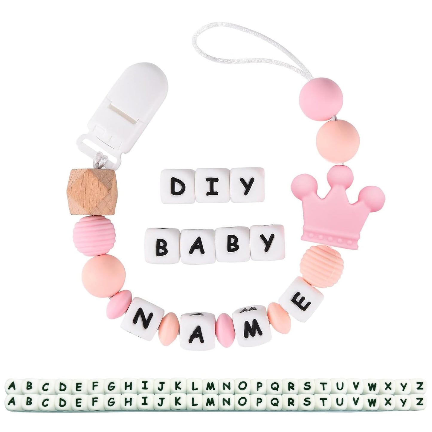 Anourney Personalized Pacifier Clip for Boys and Girls, 2 Sets of 26 Letters DIY Silicone Stroller Clip with Name,Cute and Durable Pacifier Holder Soother Chew Toy,Unique for Newborn Gift