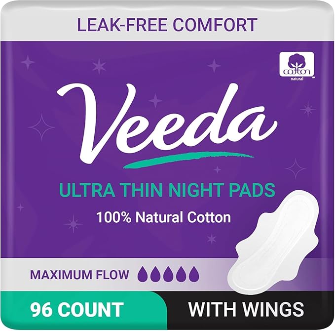 Veeda Natural Cotton Night Pads for Women - Overnight Heavy Flow Absorbent Ultra-Thin Feminine Pad - Hypoallergenic Period pads with Wings - Unscented & Chlorine free Sanitary Napkins - 96 Count