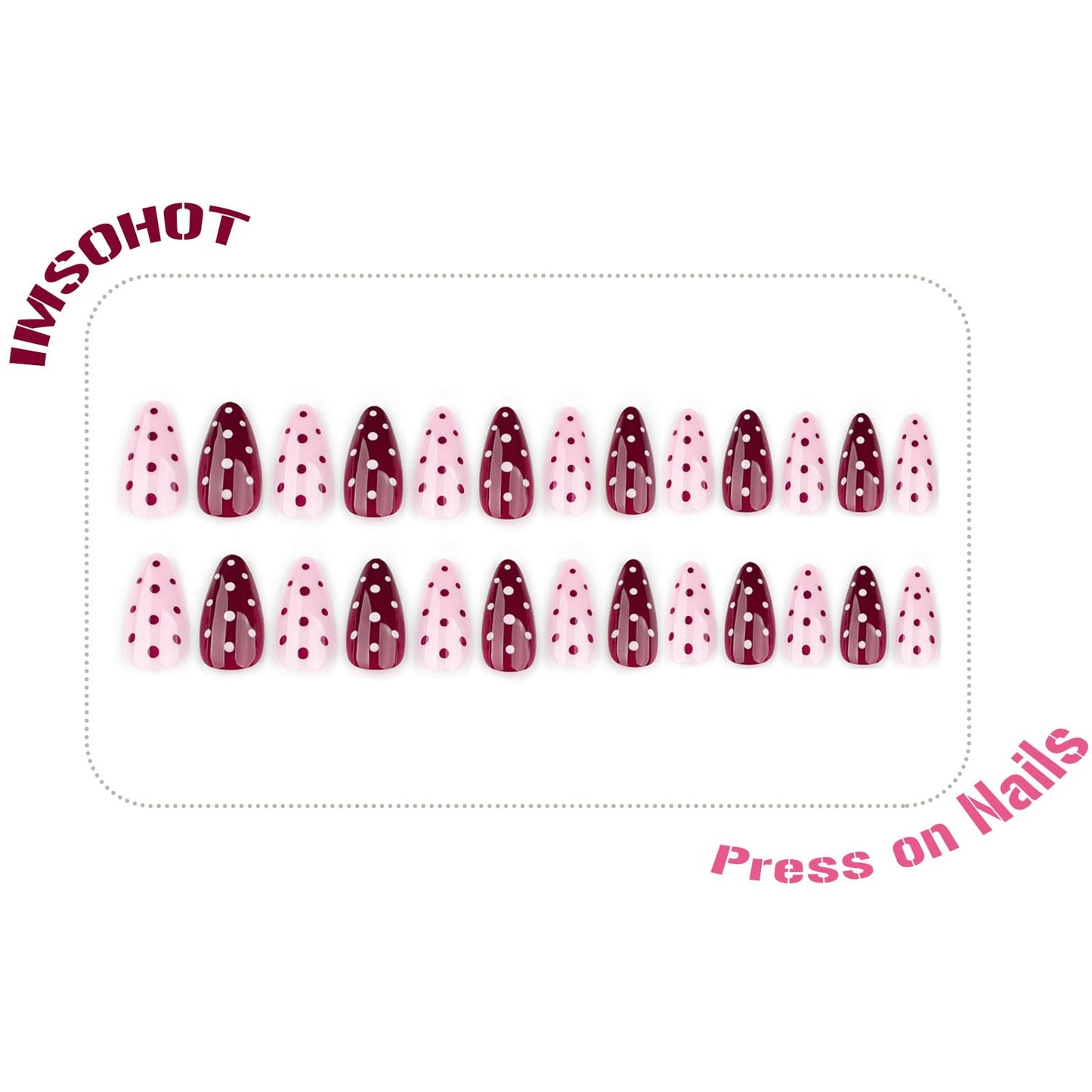 IMSOHOT Press on Nails Medium Almond Fake Nails with Polka Dot Pattern Designs Cute Pink Red Glossy Glue on Nails Acrylic False Nails for Women Nail Decoration