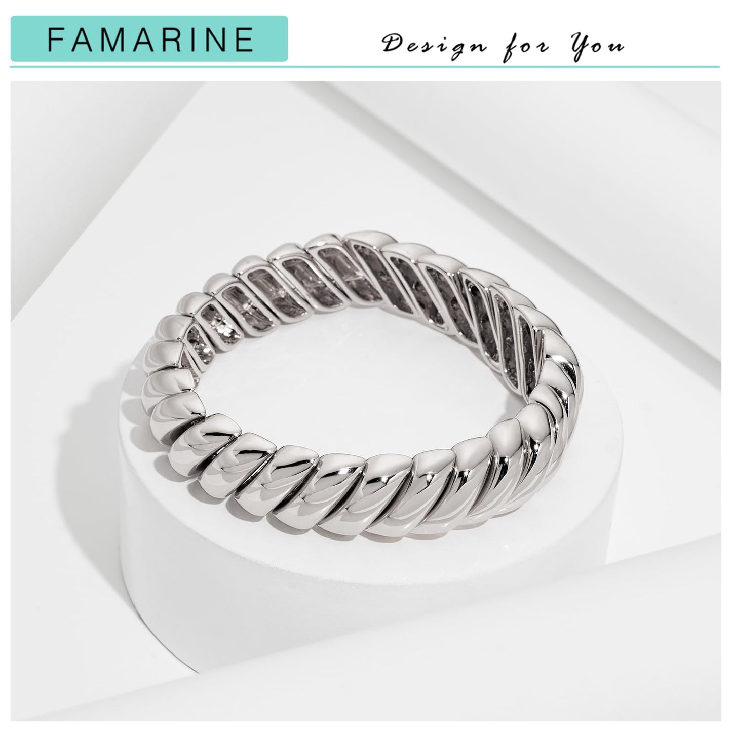 FAMARINE Silver Chunky Bangle Bracelet, Stretchable Elastic Bracelet for Women Men