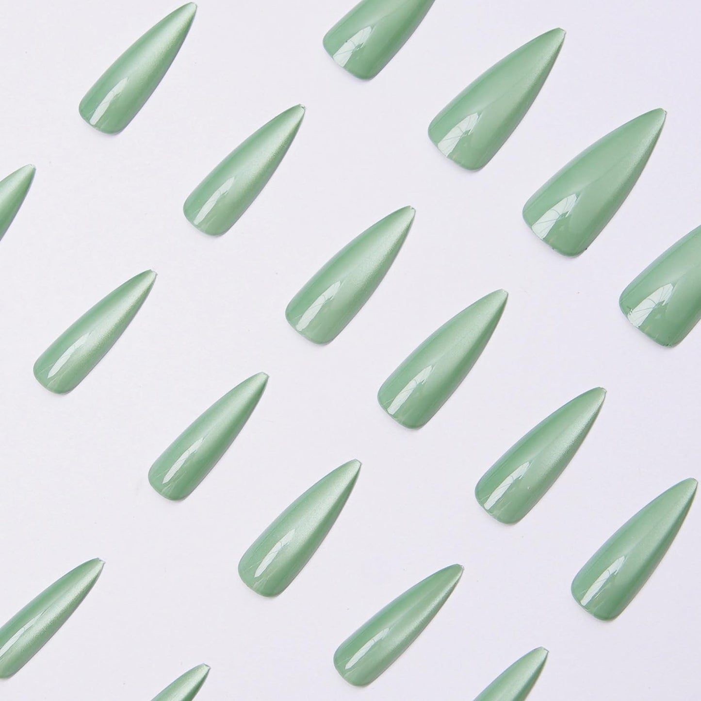 MISUD Press on Nails - Long Stiletto Fake Nails with Summer Green Cat Eye, Acrylic Bling Glitter Design 24 pcs