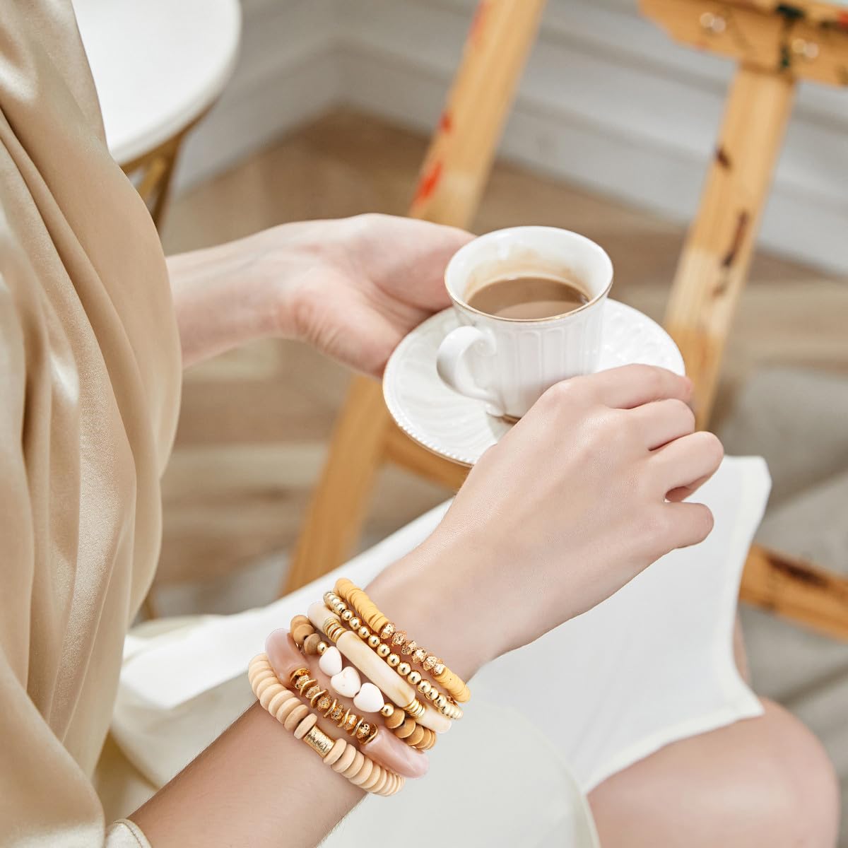 GOOJIDS Simple Beaded Gold Plated Bangles Bracelet Chunky Bamboo Tube Curved Stacking Clear Acrylic Colorful Beads Stretchable Gold Plated Bracelets Set For Women
