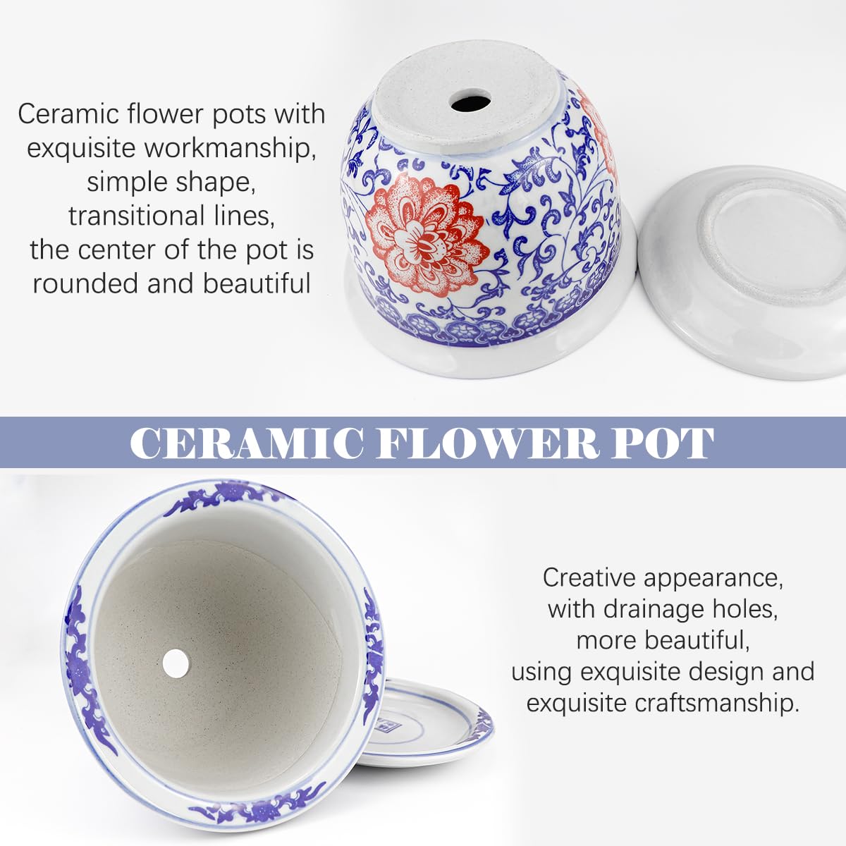 YOLUFER Ceramic Flower Pots with Drainage Holes and Drainage Tray Ceramic Planter for Indoor and Outdoor Plants