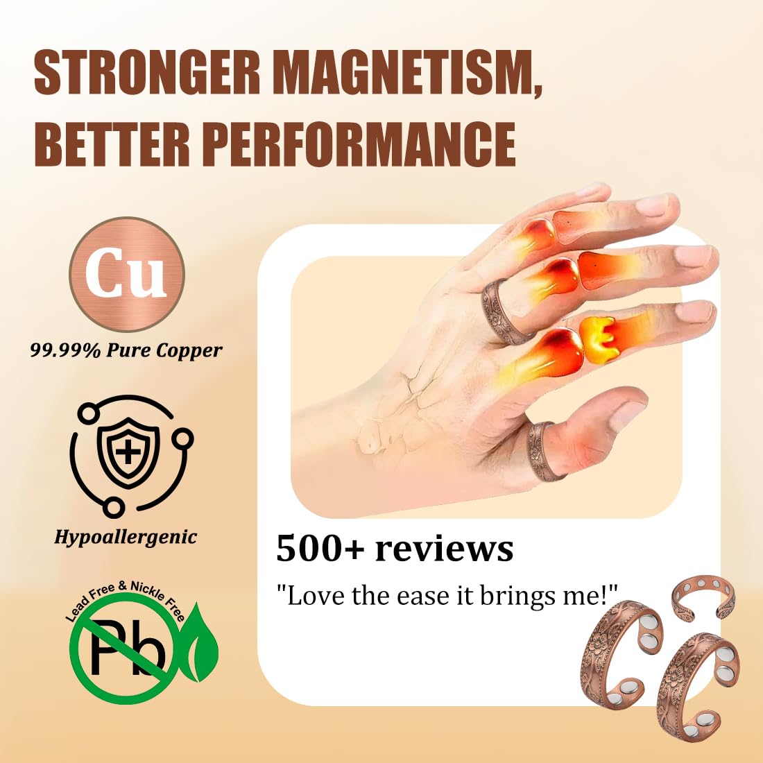 Vicmag 2PCS Magnetic Copper Rings for Women & Men,99.99% Pure Copper Ring with 9X Magnets Gift Adjustable(9X Plum)