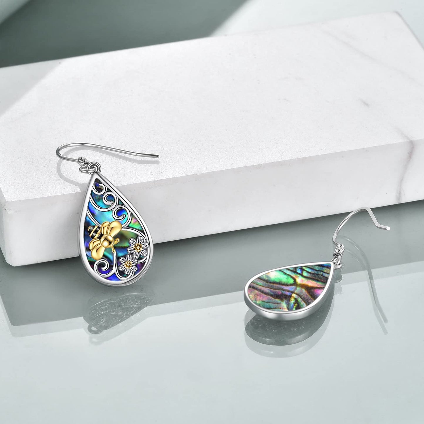 POPLYKE Bee Earrings Sterling Silver Leverback Earrings for Women Teardrop Abalone Dangle Earrings