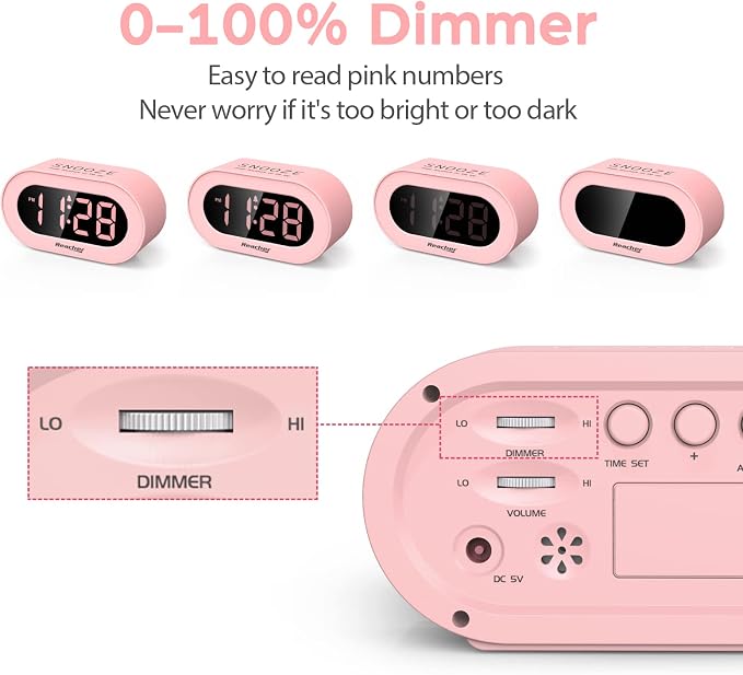 REACHER Pink Dimmable Digital Alarm Clock for Girls Bedrooms