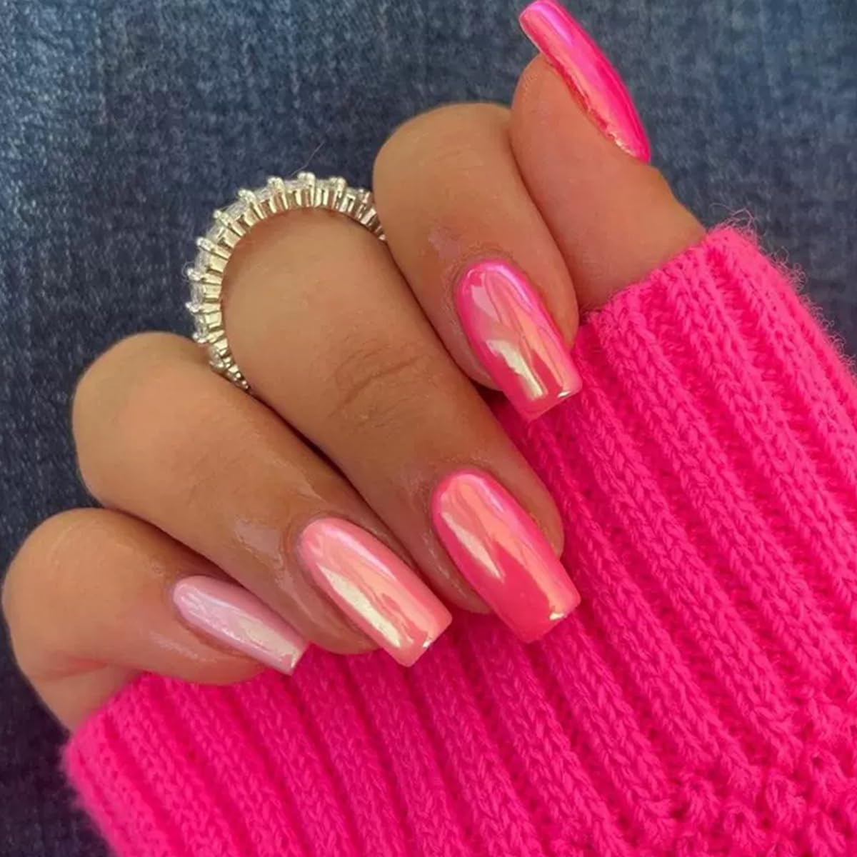 6 Packs (144 Pcs) Press on Nails Medium Square Fake Nails Chrome False Nails with Designs Hot Pink Siliver Glue on Nails Full Cover Solid Color Glossy Acrylic Stick on Nail for Women Manicure